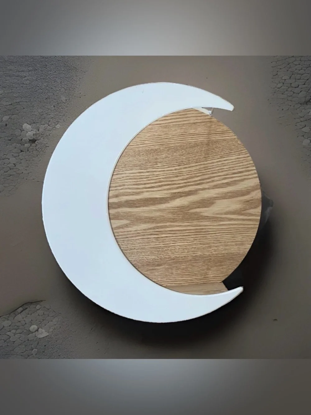 Crescent Moon Floating Wall Shelf🌜Oak Wood, White Metal Crystal Oil Display 14”